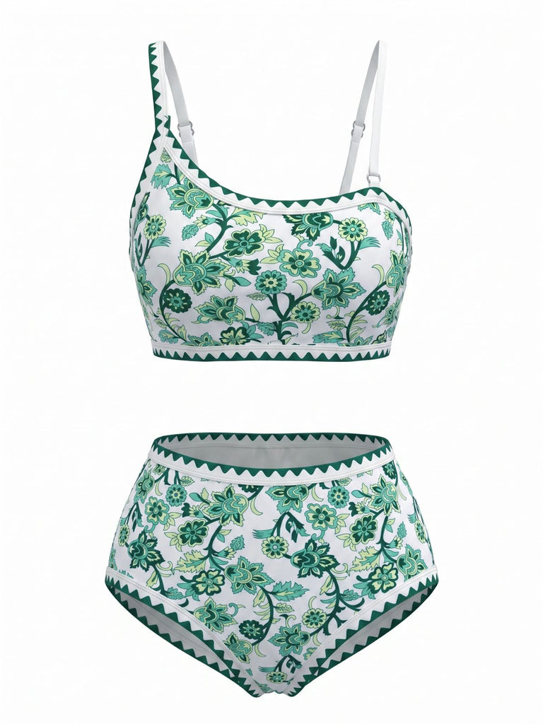50er Bikini-Set & Shorts mit One-Shoulder und Blumen