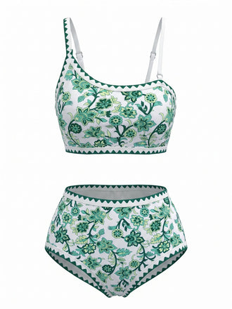50er Bikini-Set & Shorts mit One-Shoulder und Blumen