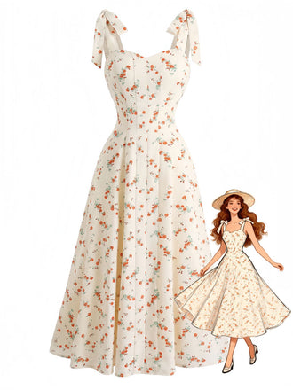 Beige 1950er Ditsy Blumen Binden Gurt Herzausschnitt Kleid