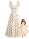 Beige 1950er Ditsy Blumen Binden Gurt Herzausschnitt Kleid