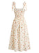 Beige 1950er Ditsy Blumen Binden Gurt Herzausschnitt Kleid