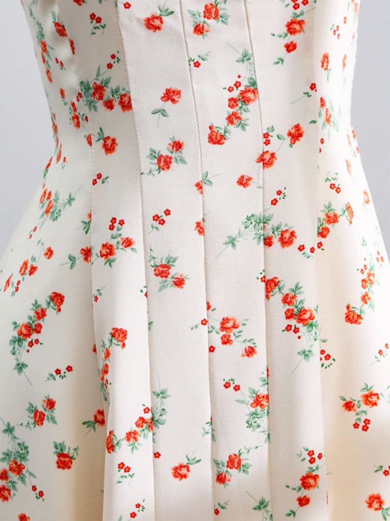 Beige 1950er Ditsy Blumen Binden Gurt Herzausschnitt Kleid