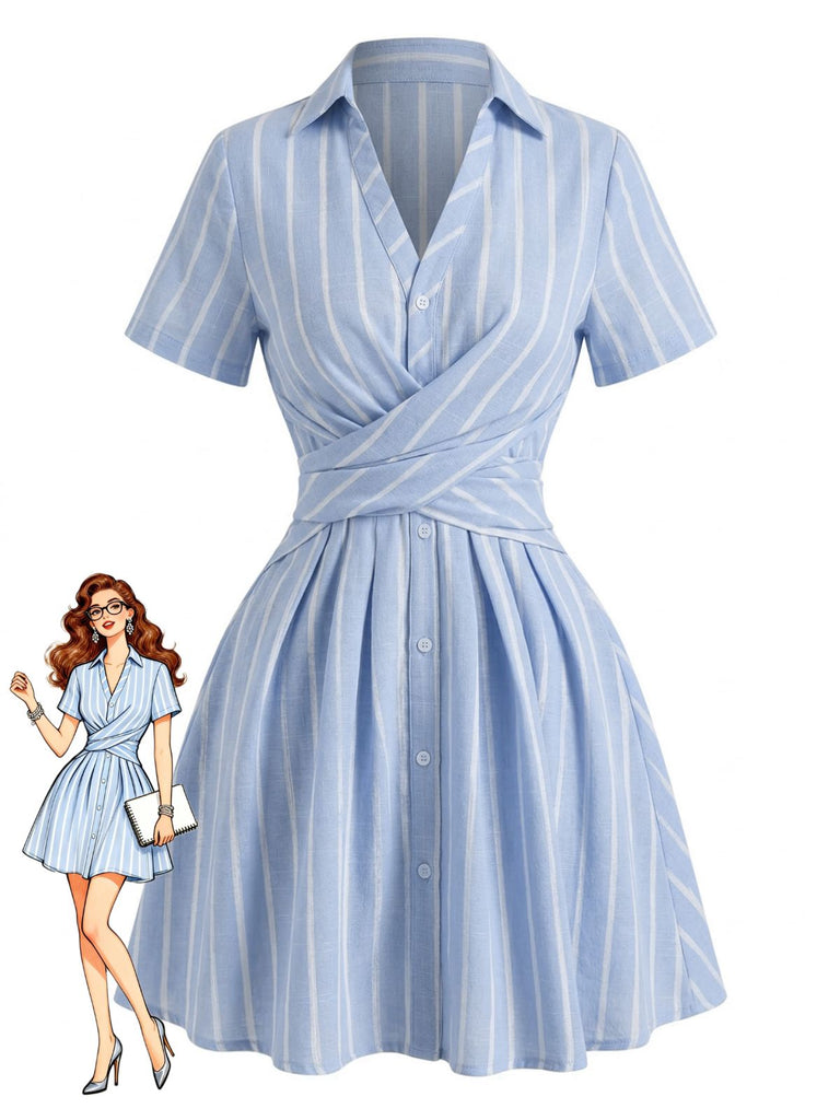 Blaues, vertikal gestreiftes Kleid im Stil der 1950er Jahre mit Johnny-Kragen und gekreuzten Trägern – Vintage-Kleid, Retro-Mode, Rockabilly