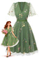 Grün 1950er Blumen Puffärmel Netz Bestickt Kleid