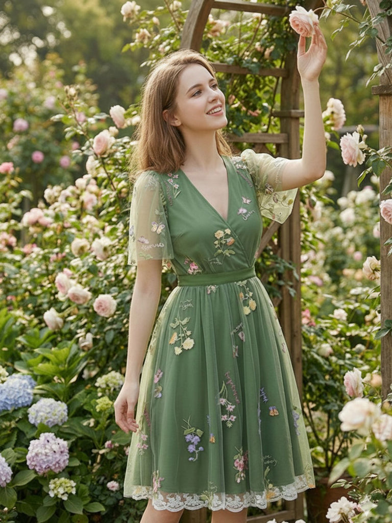 Gelbes 50er Netz-Besticktes Kleid mit Puffärmel und Blumen