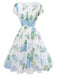 Blaues 50er Swingkleid mit Blumen-Print und V-Ausschnitt