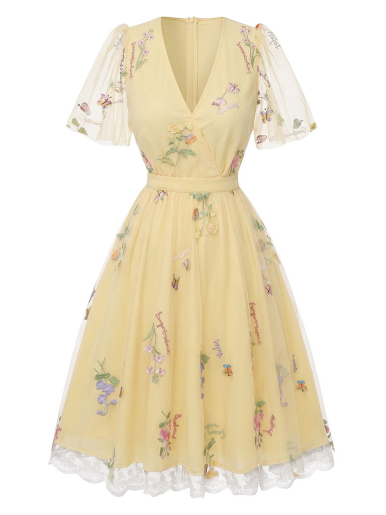 Gelbes 50er Netz-Besticktes Kleid mit Puffärmel und Blumen