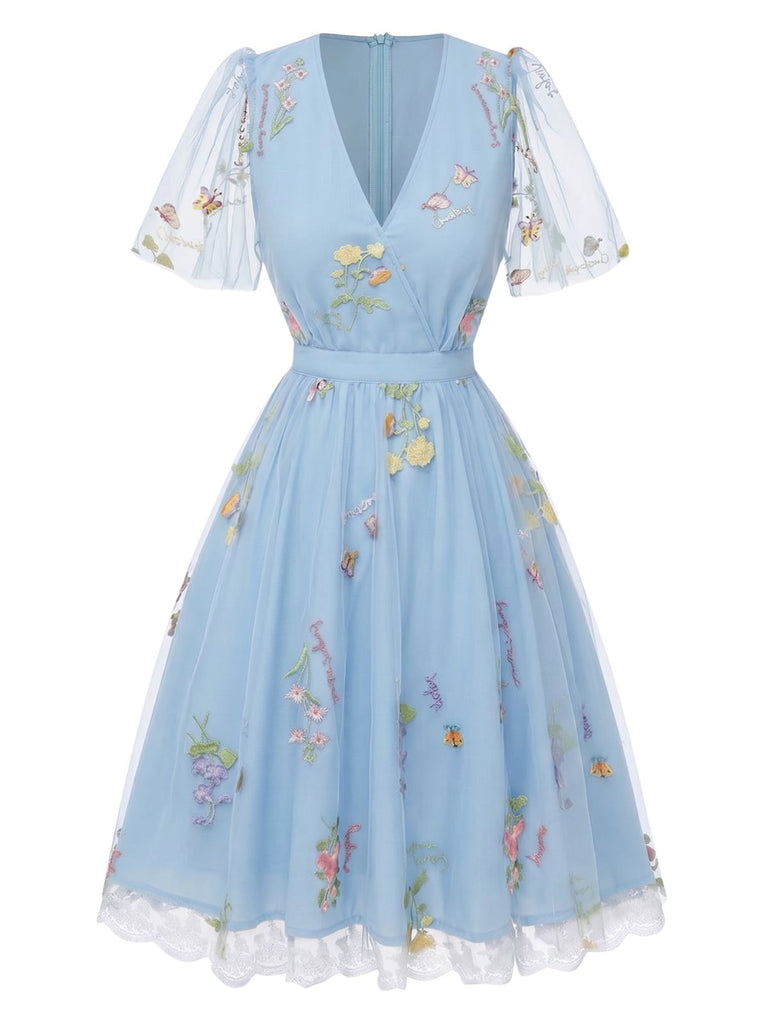 Blaues 50er Netz-Besticktes Kleid mit Puffärmel und Blumen