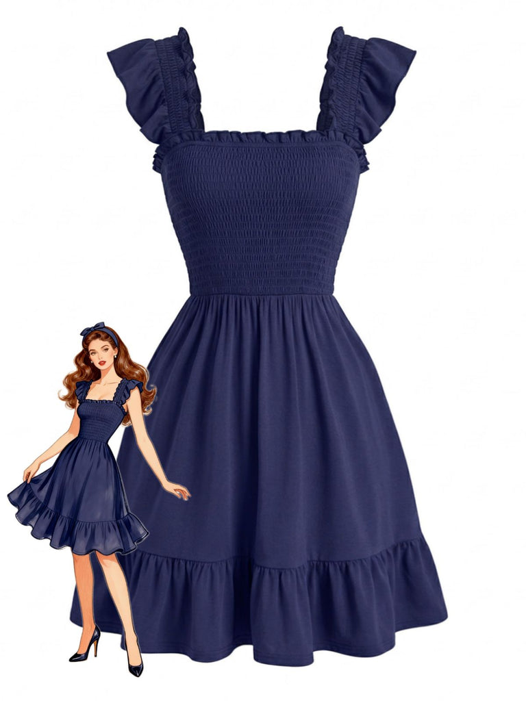 50er Smockkleid mit Eckiger Ausschnitt und Rüschen