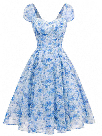 Blaues 50er Swingkleid mit Herzausschnitt und Puffärmel