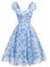 Blaues 50er Swingkleid mit Herzausschnitt und Puffärmel
