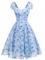[Vorverkauf] Blaues 50er Swingkleid mit Puffärmeln und Blumen
