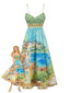 Grünes 50er Maxikleid mit Karo und Landschafts-Print