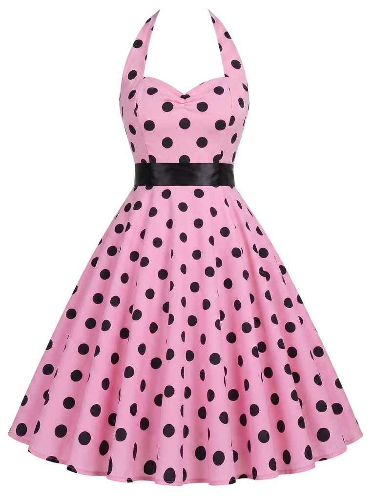 Rosa 50er Kleid mit Polka-Dots und Gürtel