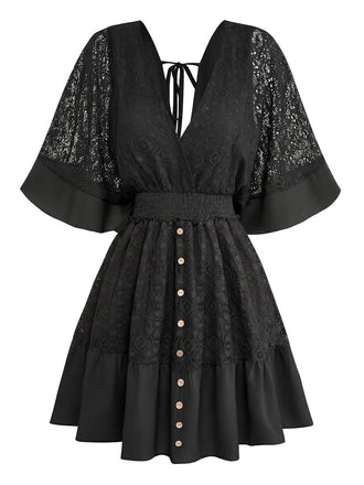 70er Kleid mit V-Ausschnitt und Patchwork