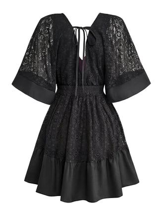 70er Kleid mit V-Ausschnitt und Patchwork