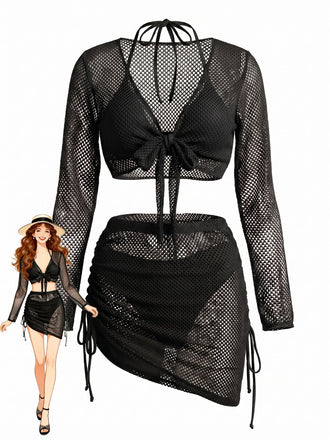 50er Bikini-Set & Shorts & Cover-Up mit Neckholder und Häkelarbeit