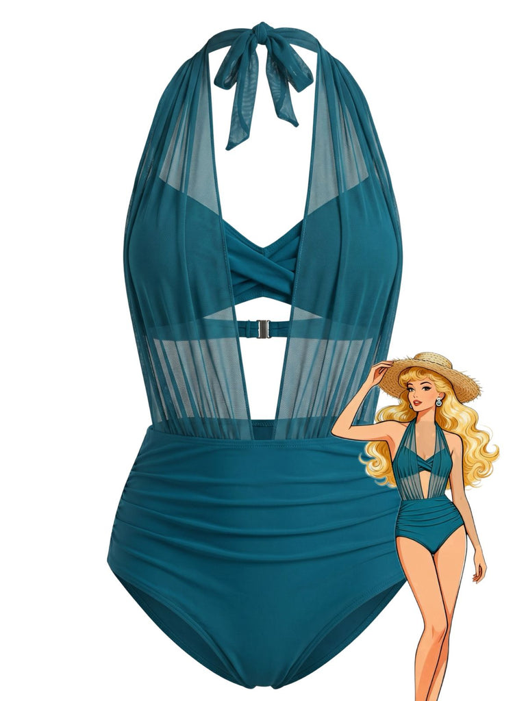 50er Netz-Bikini-Set mit Neckholder und Raffung