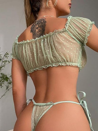 50er schulterfreies Netz-Reizwäsche mit Polka-Dots