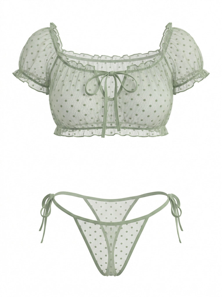 50er schulterfreies Netz-Reizwäsche mit Polka-Dots