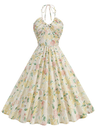 50er Baumwoll-Swingkleid mit Neckholder und Blumen