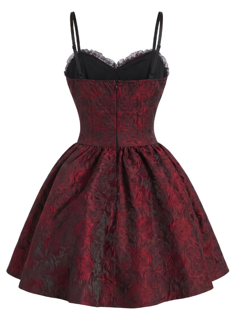 Bordeauxrotes 50er Gothic Jacquard-Kleid mit Rosen und Schnürung
