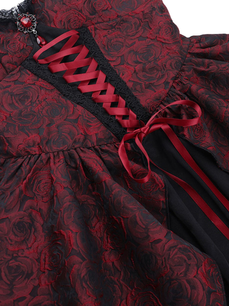 Bordeauxrotes 50er Gothic Jacquard-Kleid mit Rosen und Schnürung