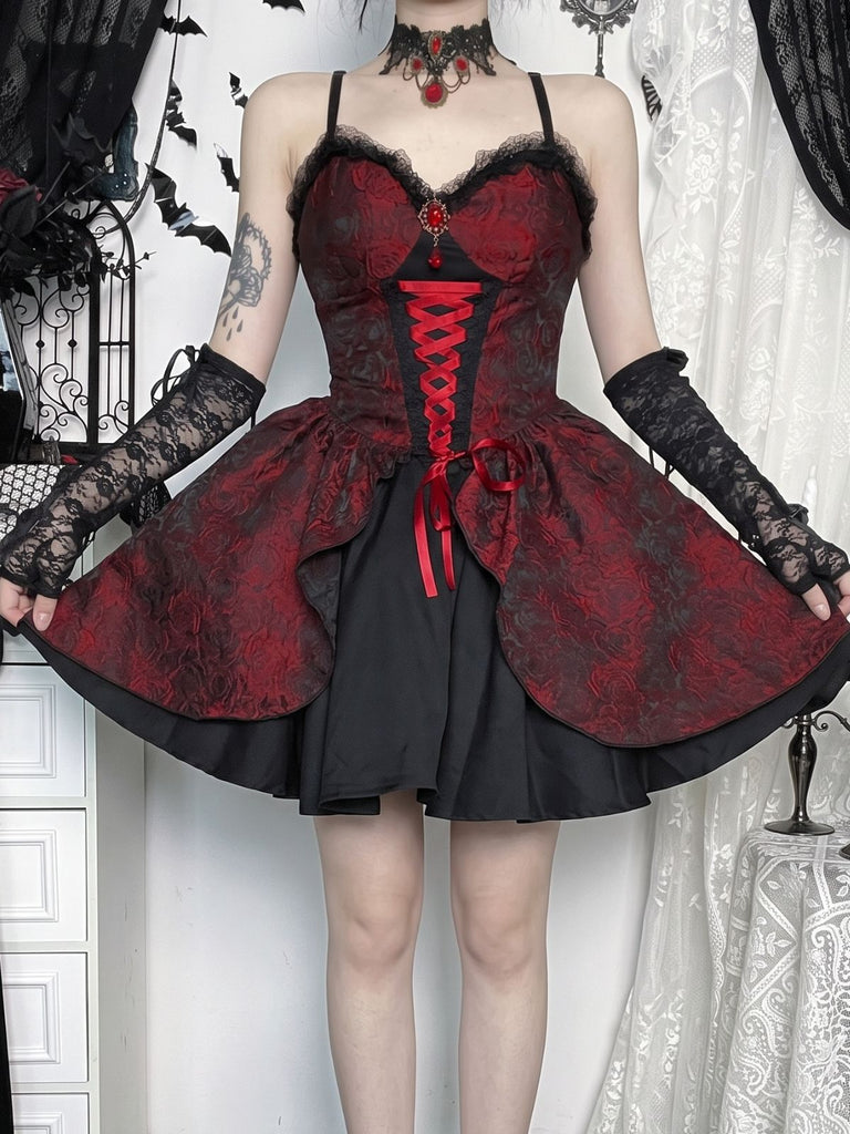 Bordeauxrotes 50er Gothic Jacquard-Kleid mit Rosen und Schnürung