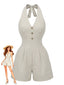 50er Romper mit Neckholder, Streifen und geraffter Taille in Beige
