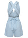 Blauer, gestreifter, ärmelloser Jumpsuit im Stil der 1950er Jahre mit V-Ausschnitt und gekreuzten Gürteln – Vintage-Jumpsuit, Retro-Mode