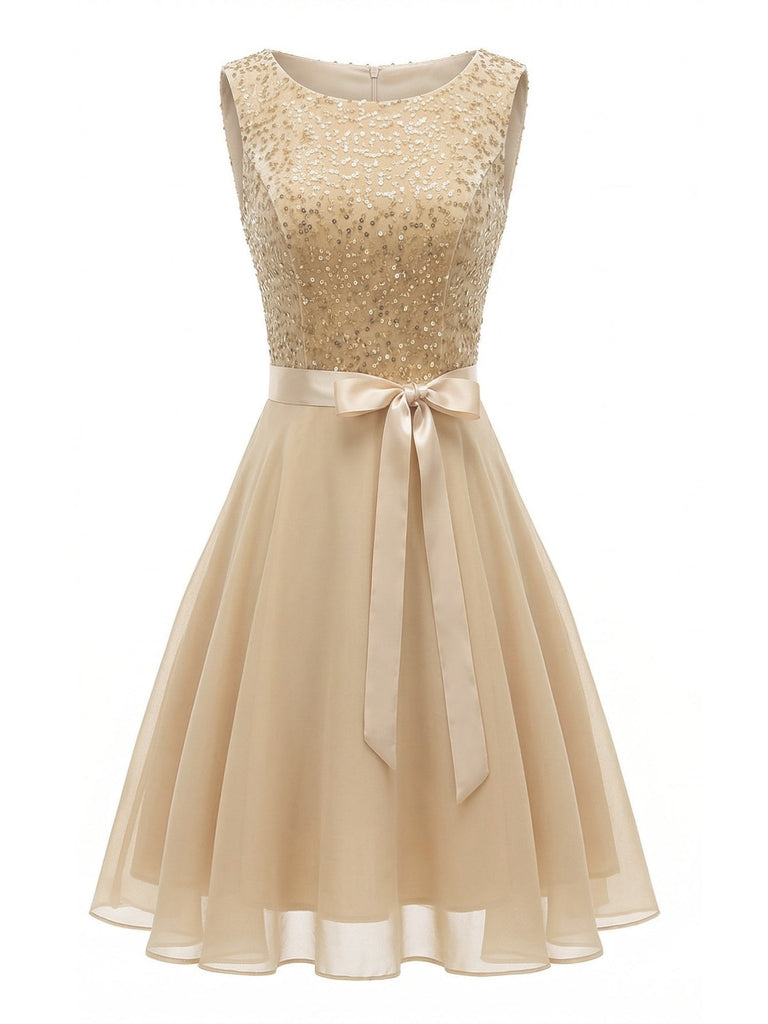 50er Ärmelloses Kleid mit Pailletten und Gürtel