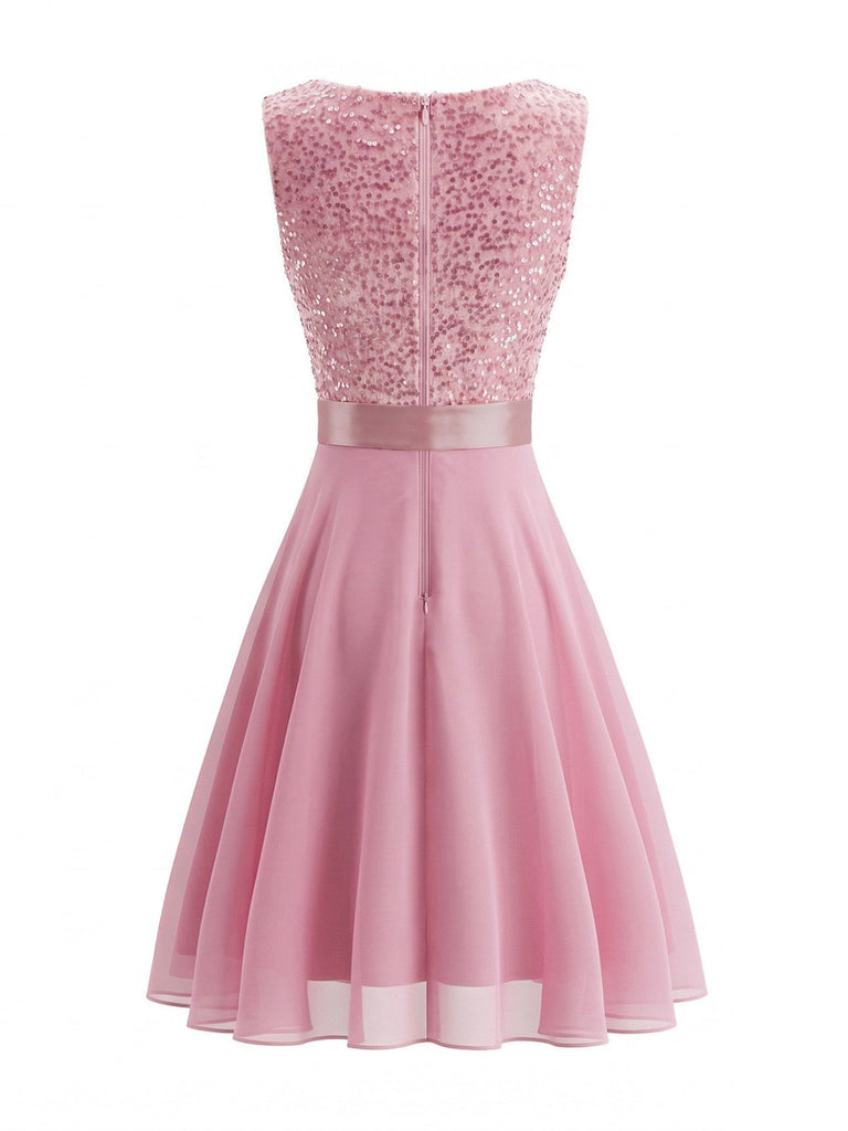 50er Ärmelloses Kleid mit Pailletten und Gürtel