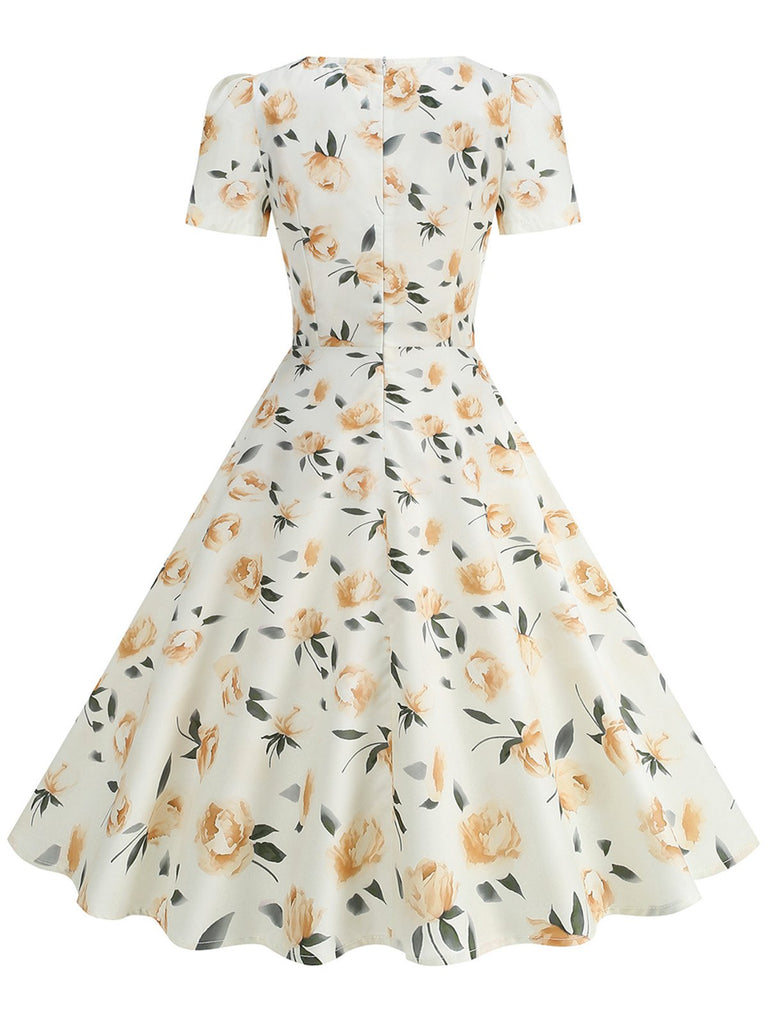 Rosa 50er Swingkleid mit Herzausschnitt und Kurzarm