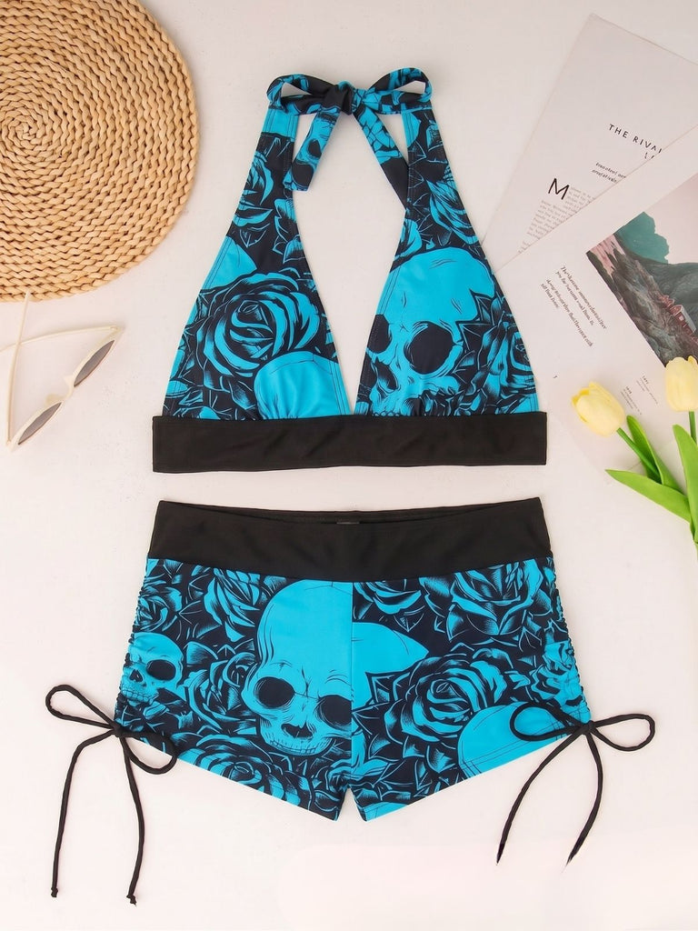 50er Gothic Bikini-Set & Shorts mit Neckholder und Totenkopf