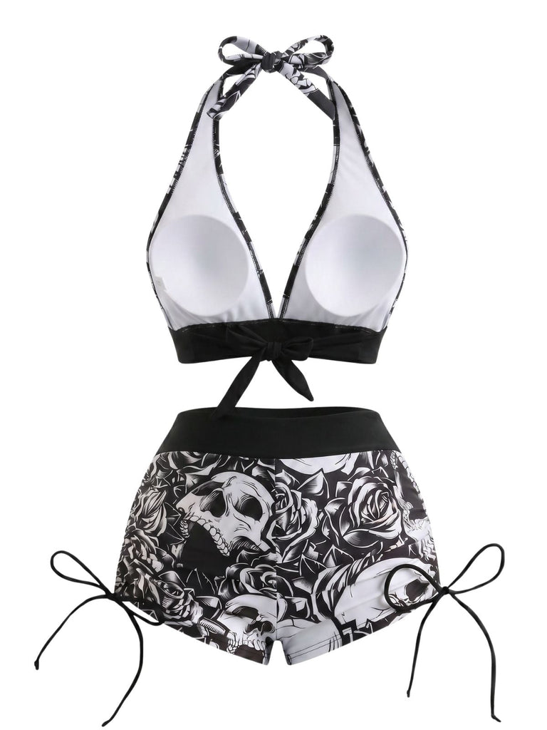 50er Gothic Bikini-Set & Shorts mit Neckholder und Totenkopf