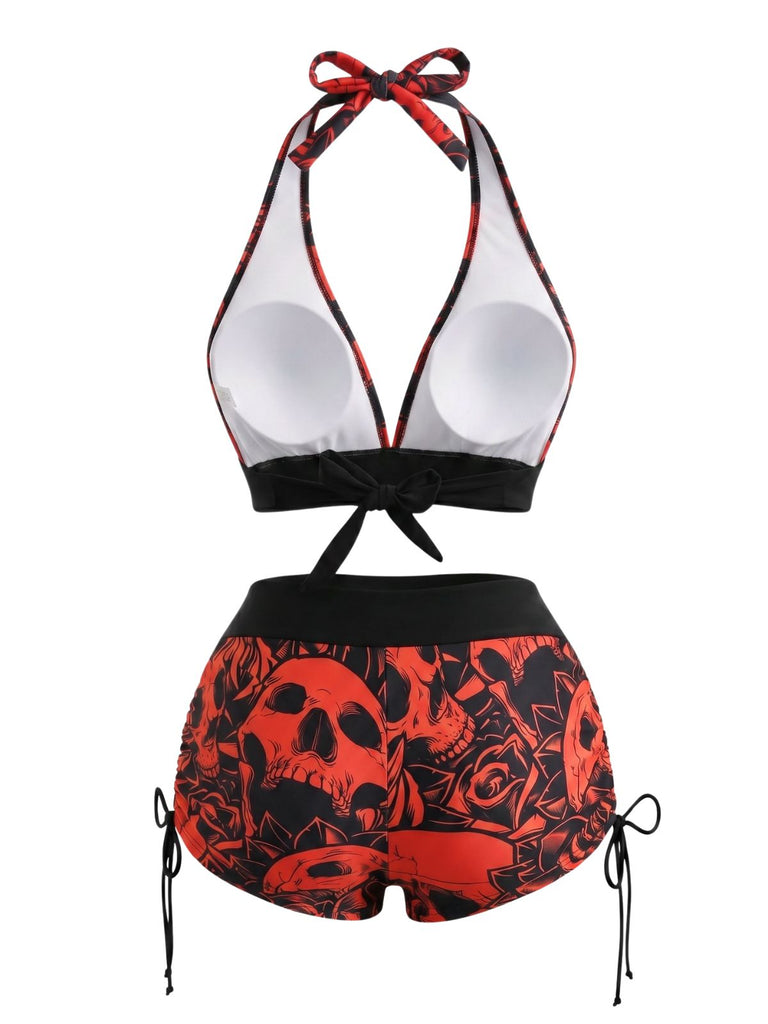 50er Gothic Bikini-Set & Shorts mit Neckholder und Totenkopf