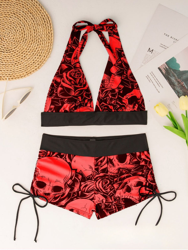 50er Gothic Bikini-Set & Shorts mit Neckholder und Totenkopf