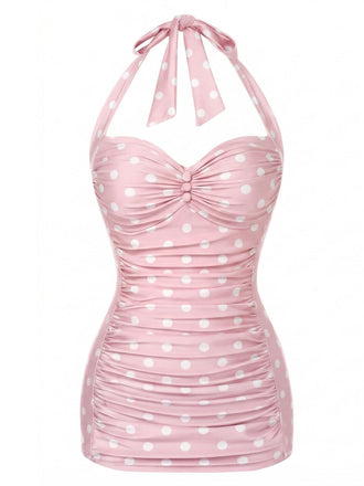 Rosa 50er Badeanzug mit Polka-Dots und Neckholder