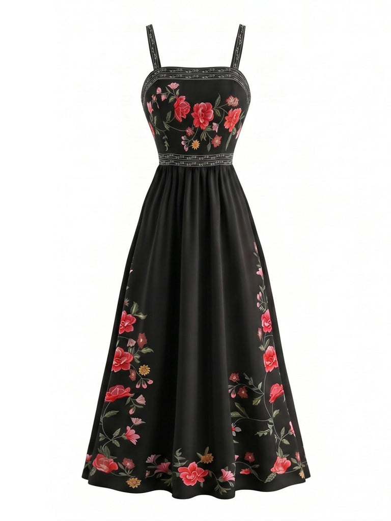 50er Kleid mit Spaghettiträger und Blumen