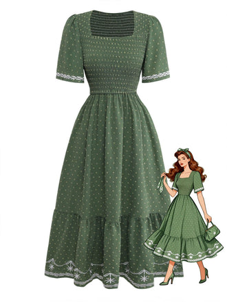 40er Jacquard-Smockkleid mit Eckiger Ausschnitt und Stickerei