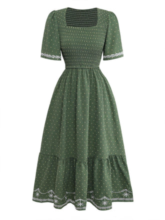 40er Jacquard-Smockkleid mit Eckiger Ausschnitt und Stickerei