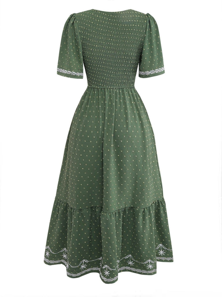 40er Jacquard-Smockkleid mit Eckiger Ausschnitt und Stickerei