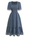40er Jacquard-Smockkleid mit Eckiger Ausschnitt und Stickerei