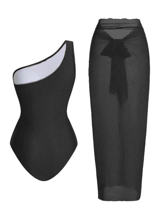Badeanzug und Strandkleid im Stil der 1950er Jahre mit asymmetrischem Träger, Raffungen und Bauchkontrolle – Vintage-Badeanzug im Pin-up-Stil