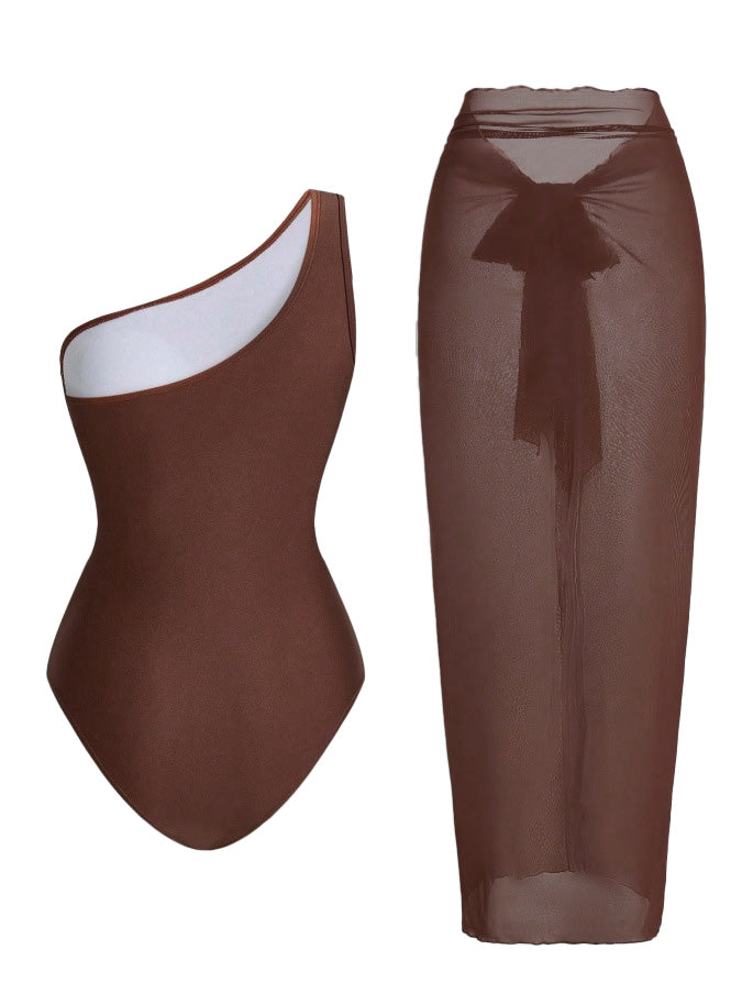 Badeanzug und Strandkleid im Stil der 1950er Jahre mit asymmetrischem Träger, Raffungen und Bauchkontrolle – Vintage-Badeanzug im Pin-up-Stil