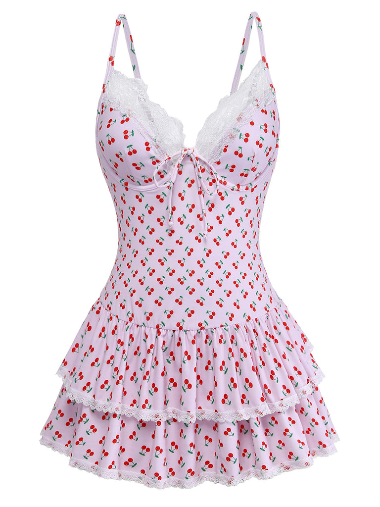 Rosa 1940er Kirsche Drucken Spitze Trimmen Eins Stück Bademode