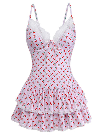 Rosa 1940er Kirsche Drucken Spitze Trimmen Eins Stück Bademode