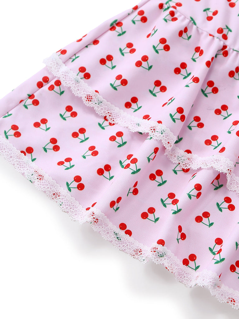 Rosa 1940er Kirsche Drucken Spitze Trimmen Eins Stück Bademode