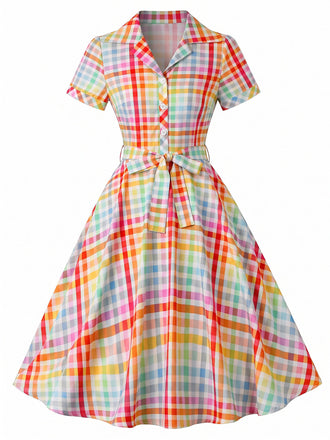 Mehrfarbiges 40er Kleid mit Kurzarm und Karo
