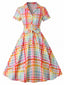 Mehrfarbiges 40er Kleid mit Kurzarm und Karo